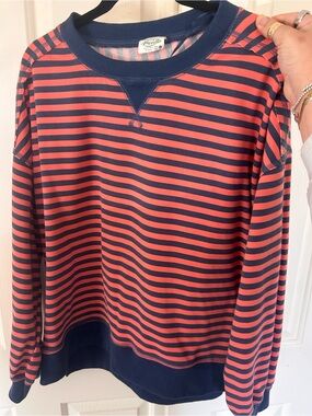 Nautica Coral and Navy Striped Crewneck Sweatshirt